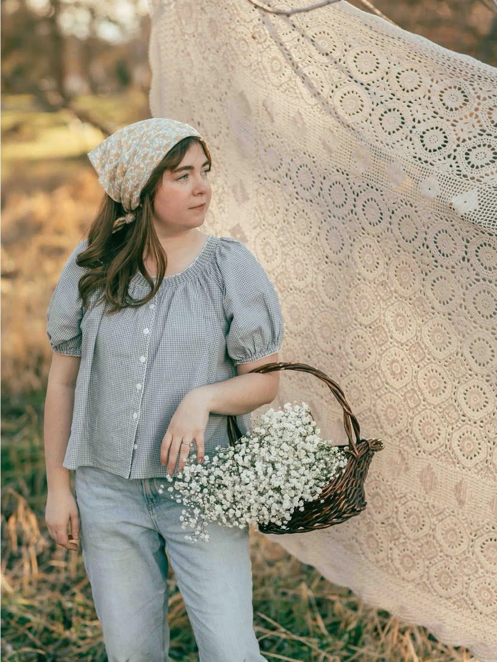Gingham Button-Front Puff Sleeve Top in Light Blue